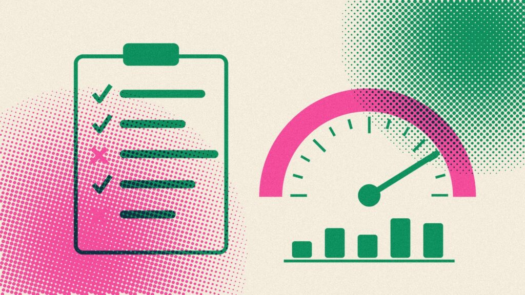 LLM evaluation illustration: a test checklist with passed and failed cases next to a quality score gauge and bar chart
