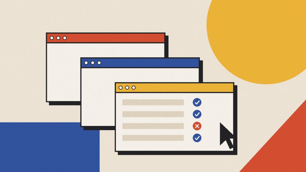User interface testing tools: browser windows with passed and failed checks