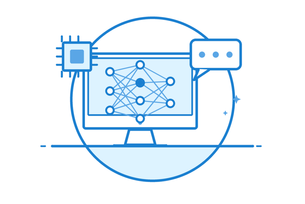 AI, ML and LLM solutions illustration AI and LLM solutions: neural network on a monitor with an AI chip and chat assistant bubble